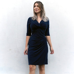 Navy ¾ Sleeve Ruched Dress