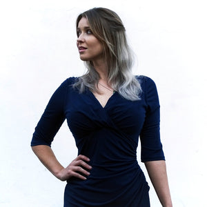 Navy ¾ Sleeve Ruched Dress