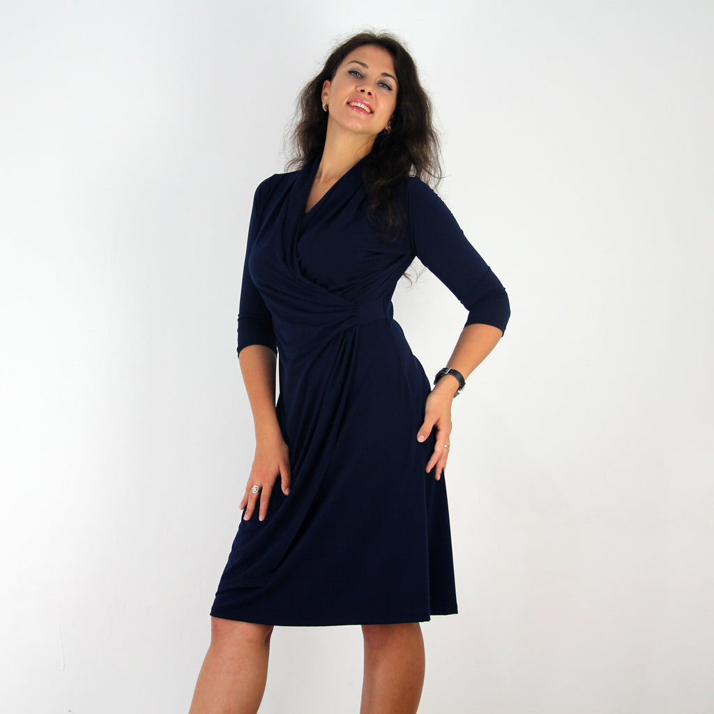 Navy Shawl Collared Dress - Rebecca Ruby